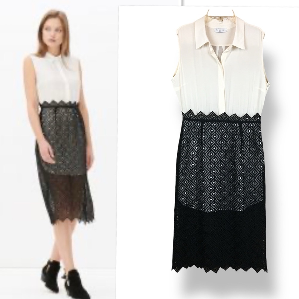 Sandro Silk-Blend Lace Midi Dress Button Front Elegant French Style Sz 3 (US L) - Picture 2 of 13